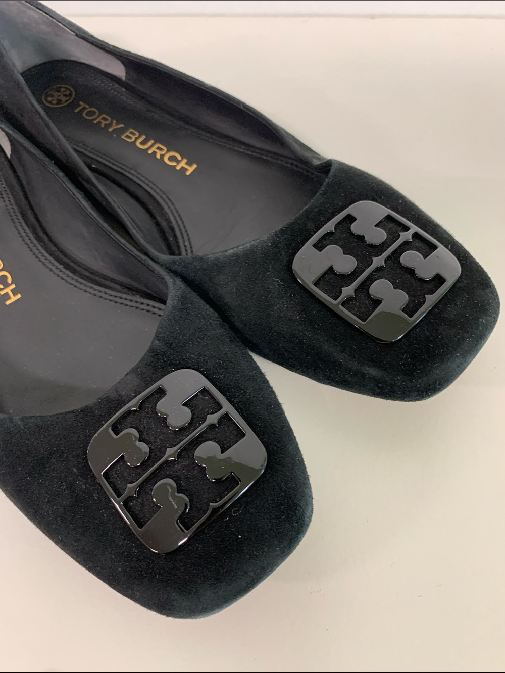 Tory Burch Black Suede Logo Square-Toe Flats - Picture 6 of 8